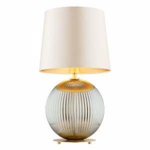 Lampa stołowa lampka nocna nowoczesna uniwersalna kula ryflowane ciemne szkło beżowy abażur satyna mosiądz szczotkowany HAMILTON 8530 Argon