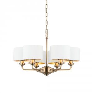 Lampa wisząca abażurowa biało-mosiężna sześciopłomienna okrągła minimalistyczna klasyczna HIGHCLERE 98936 ENDON 