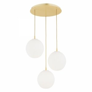 Lampa wisząca elegancka złota 3 płomienna białe kule opal mat ryflowane szkło mosiądz szczotkowany PALOMA 6306 Argon