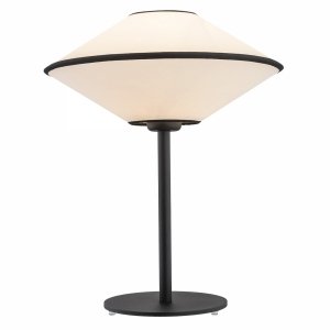 Lampa stołowa utrzymana w eklektycznym amerykańskim stylu z tkaninowym abażurem o niebanalnym kształcie TROY 4284 Argon 