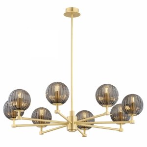 Złoty żyrandol elegancki designerski 8 ramion ciemne kule szkło ryflowane mosiądz szczotkowany PALOMA 5069 Argon