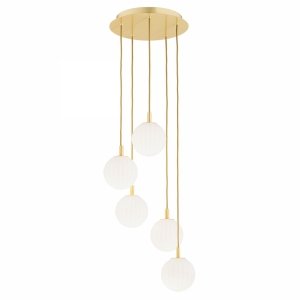 Lampa wisząca złota białe kule opal mat ryflowane szkło 5 płomienna mosiądz szczotkowany PALOMA 2183 Argon