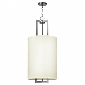 Lampa wisząca Hampton - 3 źródła światła lniany abażur w kolorze złamanej bieli tuba prostokątna rama w stylu hampton minimalistyczny HK-HAMPTON-P-C HINKLEY