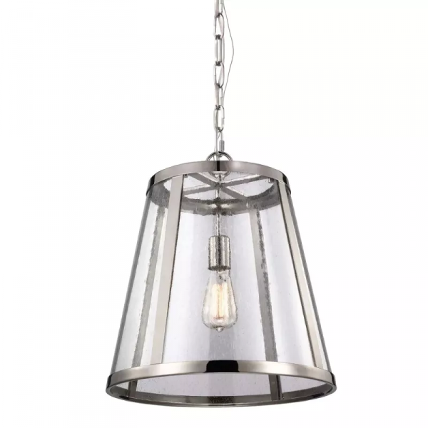 Klasyczna lampa wisząca z dekoracyjnym szklanym kloszem w stylu nowojorskim Harrow - 1 polerowany nikiel FE-HARROW-P-M Feiss 