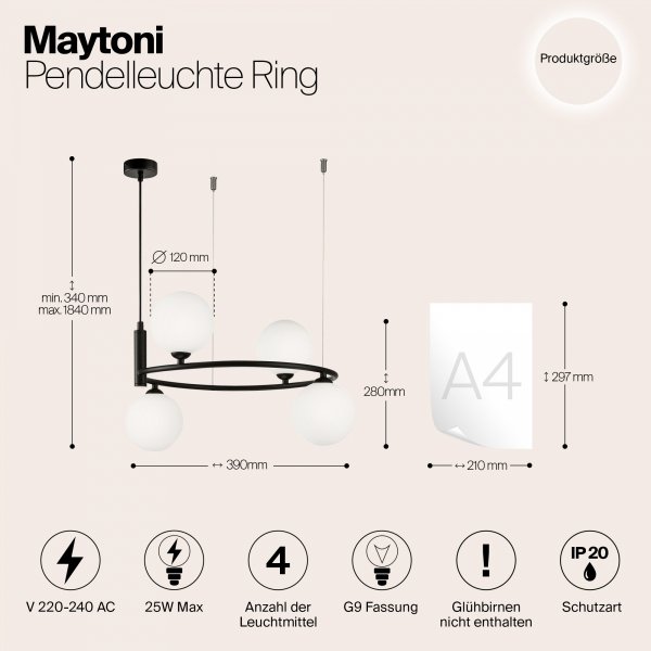 NOWOCZESNA LAMPA WISZĄCA CZARNA MAYTONI RING MOD013PL-04B KOŁO BIAŁE KULE