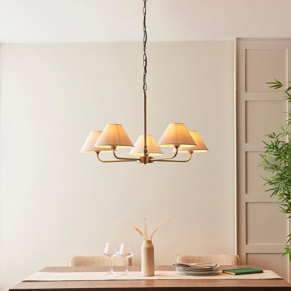 Klasyczna lampa wisząca pięciopłomienna abażurowa lniana mosiężna minimalistyczna uniwersalna Lille 117833 ENDON