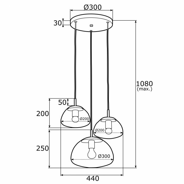 Designerska szklana lampa wisząca na okrągłej podsufitce potrójna dymny klosz czarne dodatki TRINI 1493 Argon