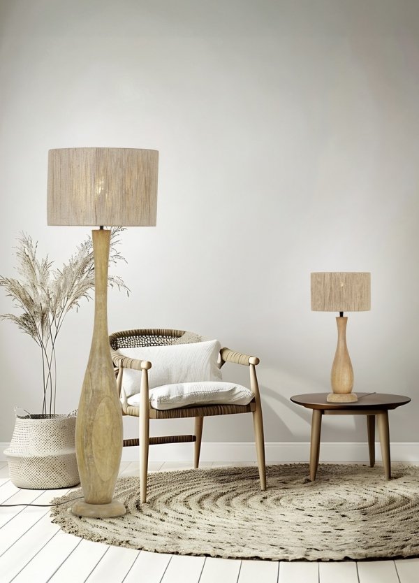 Nowoczesna lampa stołowa nocna drewniana abażur z juty kolor naturalny rystykalna boho industrialna TOBA 567200130 Trio
