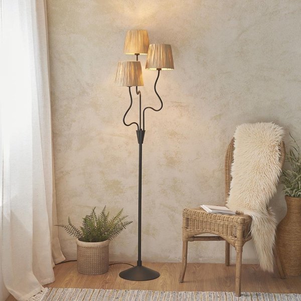 Lampa podłogowa stojąca falista potrójna abażurowa z rafii boho rustykalna naturalna minimalistyczna Wriggle 114221 ENDON