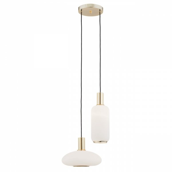 Elegancka szklana lampa wisząca na okrągłej podsufitce 2 klosze dwa różne kształty mleczne szkło złote dodatki SAGUNTO 896 Argon