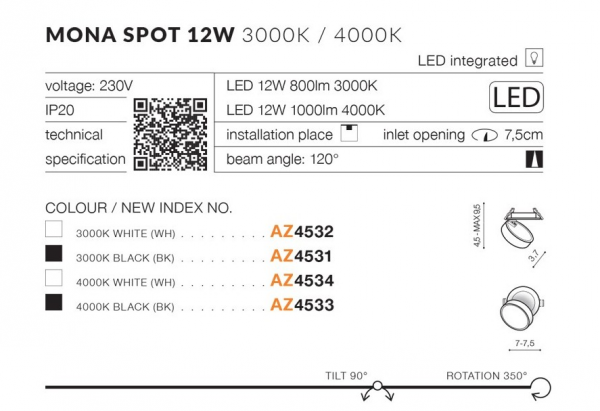 Spot Sufitowy Podtynkowy Ruchomy Czarny Okrągły LED 3000K MONA SPOT AZ4531 AZZARDO