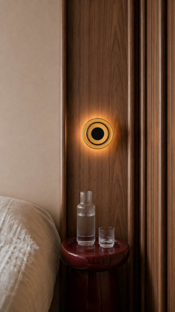 Designerski kinkiet LED okrągły retro koniakowy szkło Krosno SOFI 9010 Argon 