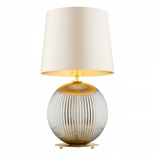 Lampa stołowa lampka nocna nowoczesna uniwersalna kula ryflowane ciemne szkło beżowy abażur satyna mosiądz szczotkowany HAMILTON 8530 Argon