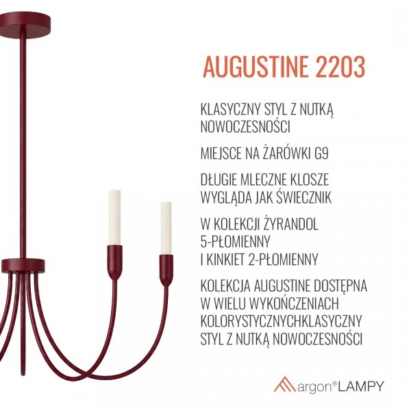 Rozłożysty żyrandol 5-płomienny bordowy świecznikowy minimalistyczny klasyczny AUGUSTINE 2203 Argon