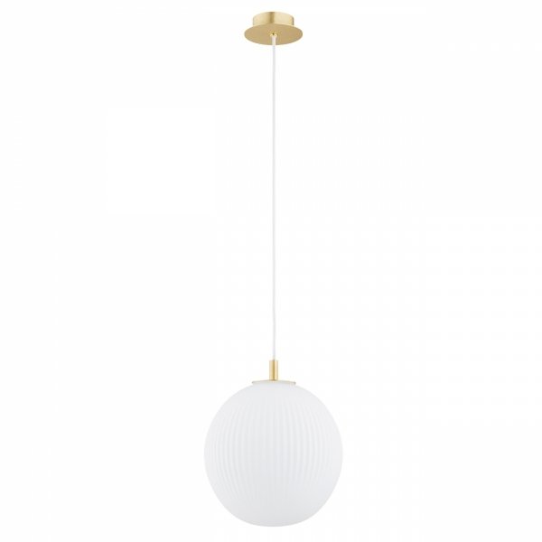 Lampa wisząca minimalistyczna biała kula 25cm opal mat ryflowane mleczne szkło złote dodatki PALOMA 8507 Argon