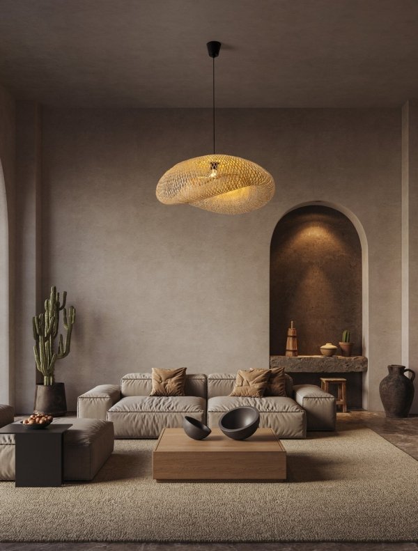Lampa wisząca bambusowa pleciona kolor naturalny owalna boho rystykalna industrialna nad stół do salonu sypialni NULVERO LE45366 Luces Exclusivas