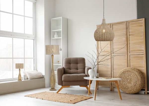 Nowoczesna lampa stołowa nocna drewniana abażur z juty kolor naturalny rystykalna boho industrialna TOBA 567200130 Trio