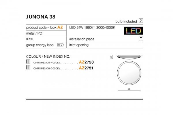 PLAFON SUFITOWY AZZARDO JUNONA AZ2750 CHROM 3000K OKRĄGŁY