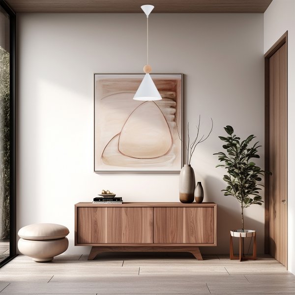 Lampa wisząca stożek ze stali lakierowanej z drewnianym dekorem skandynawska nowoczesna minimalistyczna KEGEL 8629 Argon