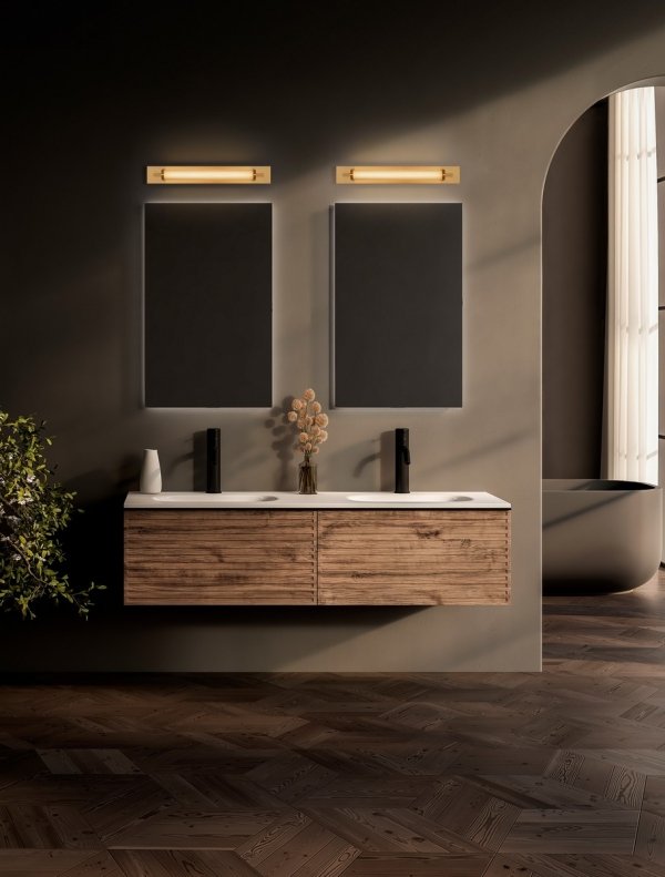 Nowoczesny złoty kinkiet LED podłużny prostokątny minimalistyczny klasyczny nad lustro FELORNA LE45688 Luces Exclusivas