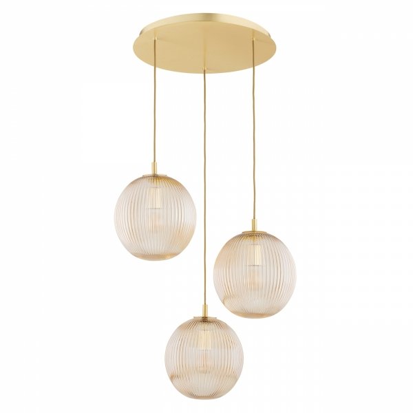 Lampa wisząca 3 płomienna na okragłej podsufitce kule mosiądz ryflowanie miodowa glamour salon jadalnia PALOMA 6311 Argon