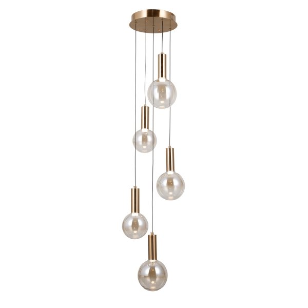 Złota szklana lampa wisząca okrągłe klosze kule bursztynowa Strela Italux PND-34378-5S-HBR