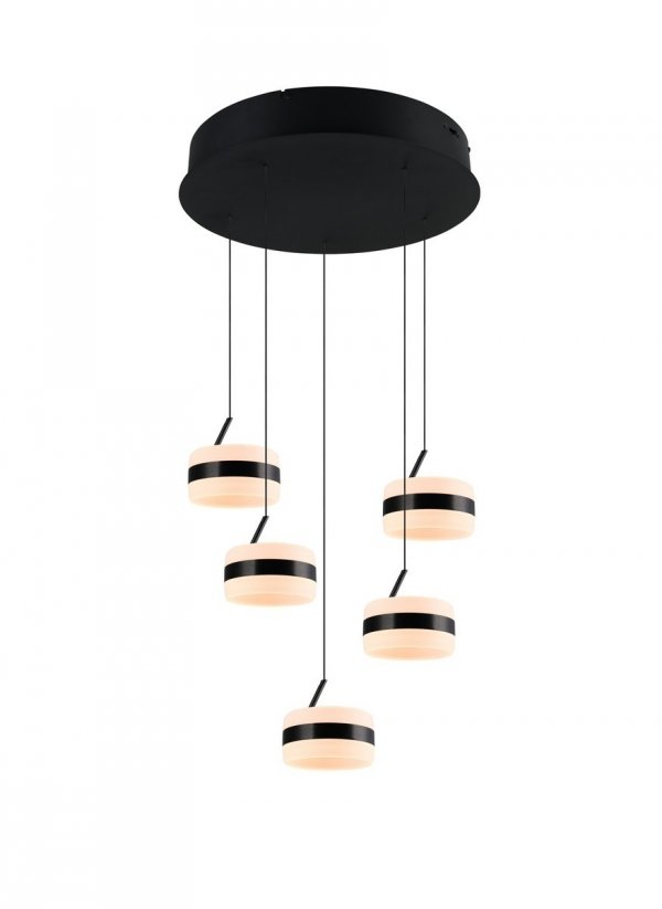 Pięciopunktowa czarna lampa wisząca Trio DIOS 331430532 w układzie kaskadowym, cylindryczne klosze LED z funkcją zmiany barwy światła i ściemnianiem.