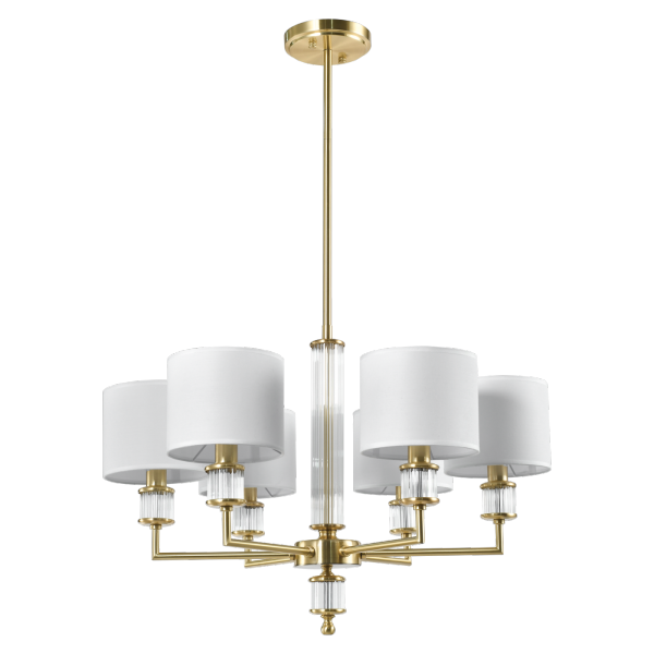 Złota lampa wisząca żyrandol abażurowy SUTTON P06692BR-WH lampa salonowa jadalniana Glamour złota z białymi abażurami