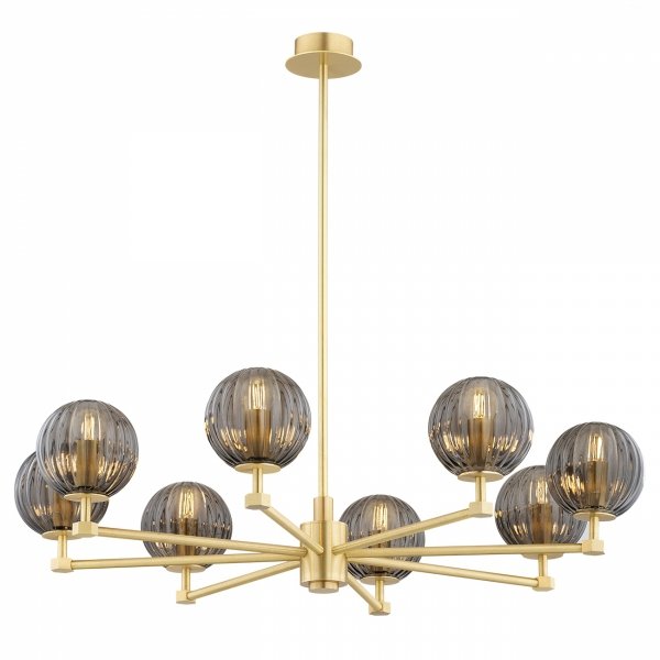 Złoty żyrandol elegancki designerski 8 ramion ciemne kule szkło ryflowane mosiądz szczotkowany PALOMA 5069 Argon