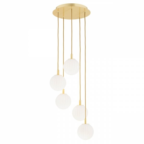Lampa wisząca złota białe kule opal mat ryflowane szkło 5 płomienna mosiądz szczotkowany PALOMA 2183 Argon