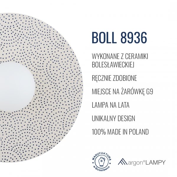 Designerski kinkiet ceramika Bolesławiec płaski talerz biały w kropki rękodzieło na ściane wyjątkowy BOLL 8936 Argon x Manufaktura w Bolesławcu 
