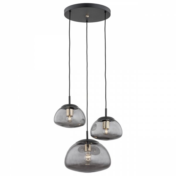 Designerska szklana lampa wisząca na okrągłej podsufitce potrójna dymny klosz czarne dodatki TRINI 1493 Argon