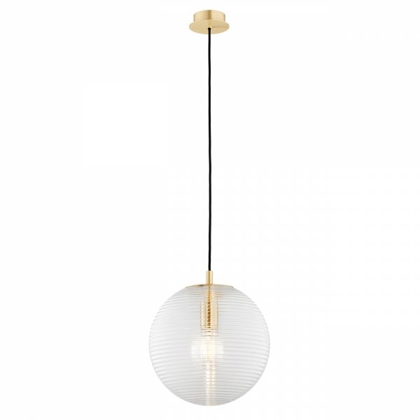Prosta lampa wisząca minimalistyczna szklana kula transparentna ryflowana poziomo mosiądz okrągła podsufitka EVANS 8577 Argon