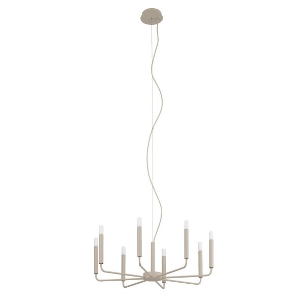 Nowoczesna minimalistyczna lampa wisząca Nowodvorski ORTO VIII z ośmioma pionowymi punktami świetlnymi ze stali, zawieszona w eleganckim salonie nad stołem.