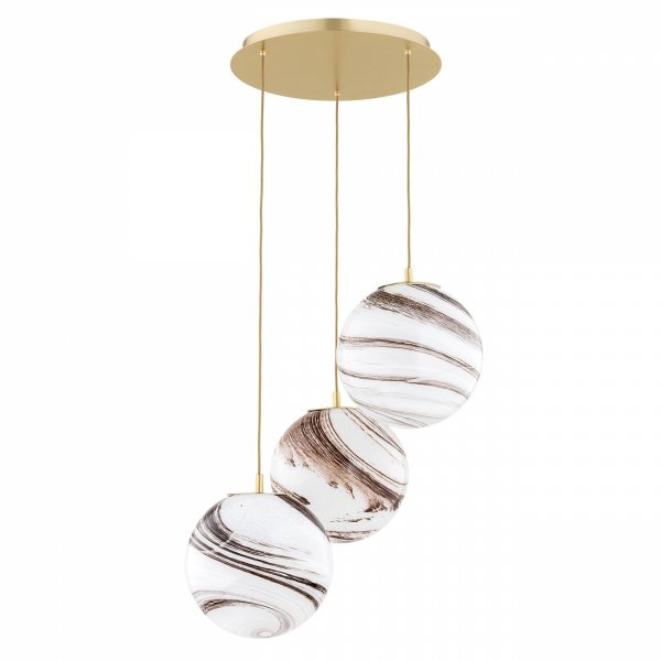 Lampa wisząca 3-płomienna nowoczesna biało-brązowy marmur szklane kule mosiądz szczotkowany na okrągłej podsufitce ARUBA 6299 Argon