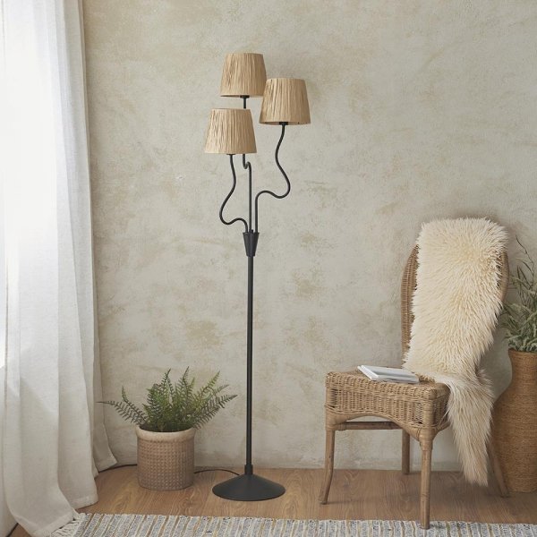 Lampa podłogowa stojąca falista potrójna abażurowa z rafii boho rustykalna naturalna minimalistyczna Wriggle 114221 ENDON