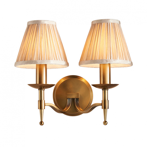 MOSIEŻNY KINKIET ŚWIECZNIKOWY Z ABAŻURAMI W KOLORZE BEŻOWYM STANFORD NICKEL 63654 ENDON INTERIORS 1900 STYLOWY KINKIET PAŁACOWY GLAMOUR 