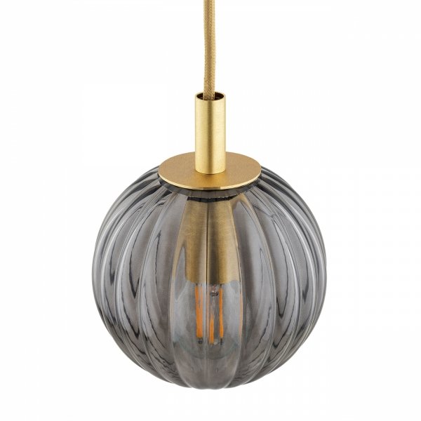Lampa wisząca elegancka kula ciemna dymna ryflowane szkło złote dodatki mosiądz 12cm na okrągłej podsufitce PALOMA 8512 Argon