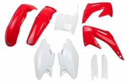 UFO KOMPLET PLASTIKÓW (FULL KIT) Z OSŁONAMI TELESKOPÓW (AMORTYZATORÓW) HONDA CR 125/250 02-03 KOLOR OEM (CZERWONY/BIAŁY) (HO101E