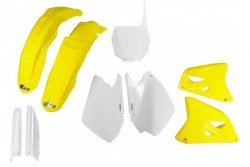 UFO 2024/11 KOMPLET PLASTIKÓW (FULL KIT) Z OSŁONAMI TELESKOPÓW (AMORTYZATORÓW) SUZUKI RM 125 / 250 06-24 KOLOR OEM ( BIAŁY / ŻÓŁ