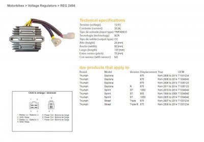 DZE REGULATOR NAPIĘCIA TRIUMPH DAYTONA 675 06-14; SPRINT 995/1050 99-14; STREET TRIPLE 675 07-14 (T1301234, T1304040, T1305123) 