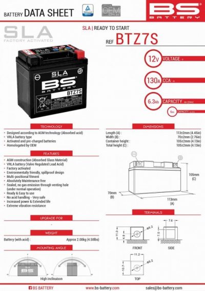 BS AKUMULATOR BTZ7S (FA) (YTZ7S) 12V 6AH 112X69X103 BEZOBSŁUGOWY - ZALANY (130A) (300635) (8)