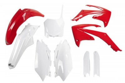 UFO KOMPLET PLASTIKÓW (FULL KIT) Z OSŁONAMI TELESKOPÓW (AMORTYZATORÓW) HONDA CRF 450 R 09-10, CRF 250 10 KOLOR OEM (CZERWONY/BIA