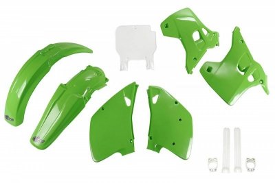 UFO KOMPLET PLASTIKÓW (FULL KIT) Z OSŁONAMI TELESKOPÓW (AMORTYZATORÓW) KAWASAKI KX 125 / 250 93 KOLOR OEM (ZIELONY/BIAŁY) (KA194