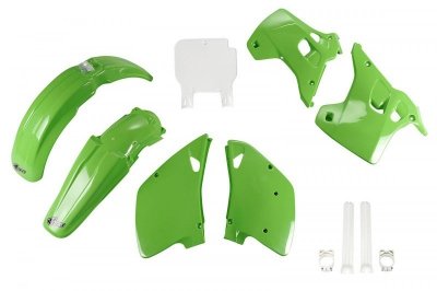 UFO KOMPLET PLASTIKÓW (FULL KIT) Z OSŁONAMI TELESKOPÓW (AMORTYZATORÓW) KAWASAKI KX 125 / 250 92 KOLOR OEM (ZIELONY/BIAŁY) (KA195