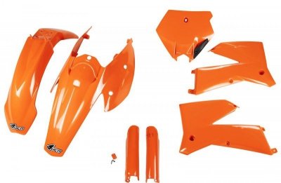 UFO KOMPLET PLASTIKÓW (FULL KIT) Z OSŁONAMI TELESKOPÓW (AMORTYZATORÓW) KTM SX 05-06, EXC 05-07 KOLOR POMARAŃCZOWY (KT503E127)