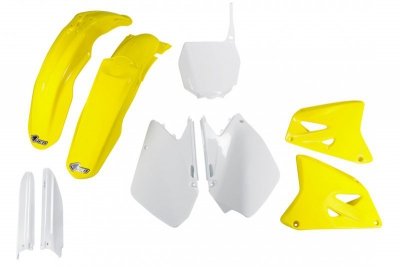 UFO 2024/11 KOMPLET PLASTIKÓW (FULL KIT) Z OSŁONAMI TELESKOPÓW (AMORTYZATORÓW) SUZUKI RM 125 / 250 06-24 KOLOR OEM ( BIAŁY / ŻÓŁ