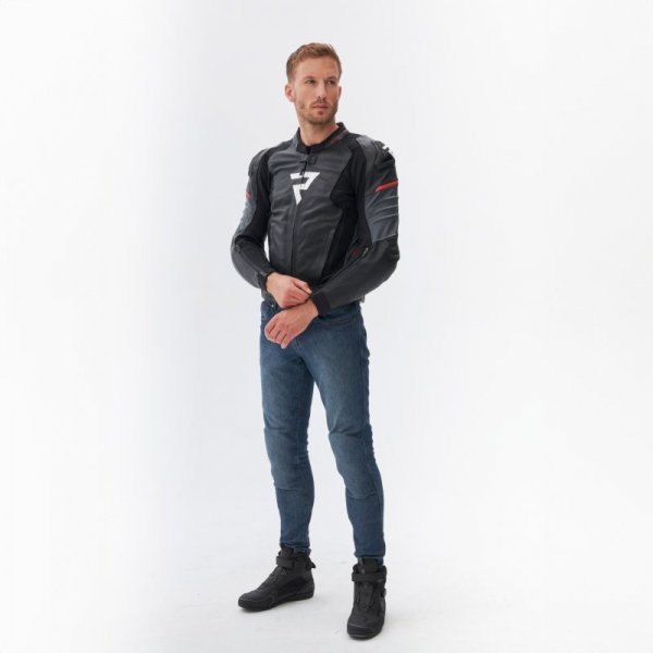 KURTKA MOTOCYKLOWA SKÓRZANA REBELHORN VELOCE BLACK GREY FLUO RED 46