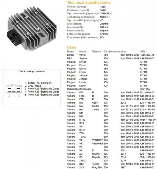 DZE REGULATOR NAPIĘCIA YAMAHA FZ6 09-17; FZR 600R 95-99; SRX 700 00-02; TDM 850 96-01; TMAX 500 00-03; VT 700 VENTURE 01-03; XMA