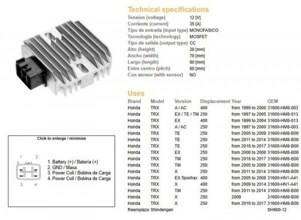 DZE REGULATOR NAPIĘCIA HONDA TRX 400EX SPORTRAX 99-04; TRX 250 RECON 97-11 (ESR585)